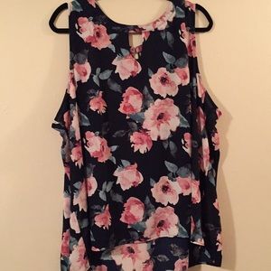 Navy Blue Blouse with Pink Watercolor Flower